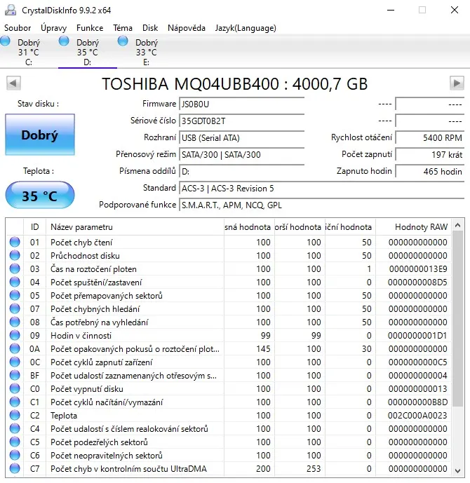 Printscreen free verze programu CrystalDiskInfo - který vám pomůže zjistit, zda je váš disk v dobrém stavu | Pro web: radyzezivota.cz | Pro článek: Nefunkční harddisk po zapojení do TV: Jak na opravu pomocí SW a Správce disků