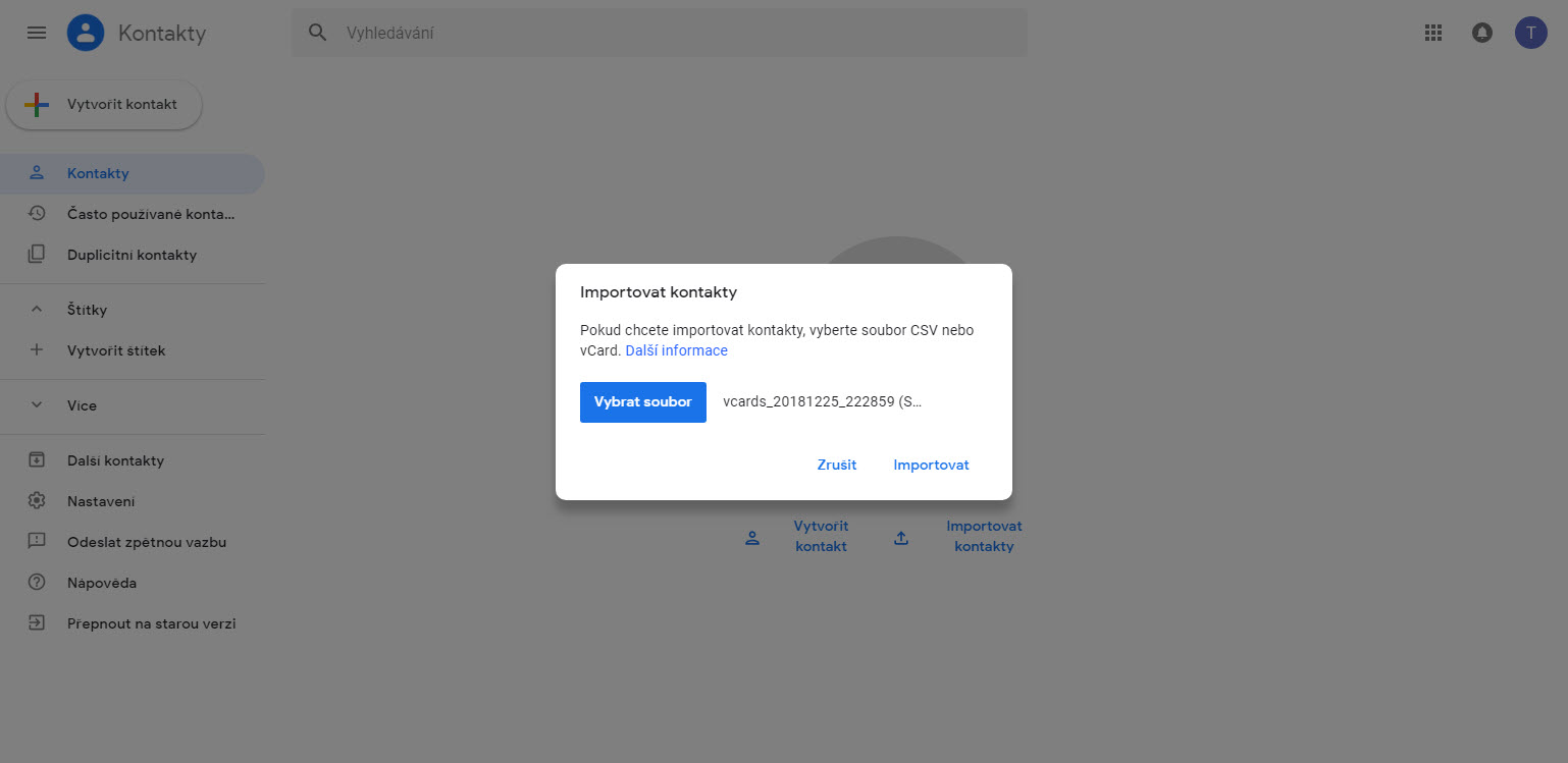 Printscreen z Gmail účtu - Jak Importovat kontakty | Jak zkopírovat kontakty | Telefon | Software nastavení