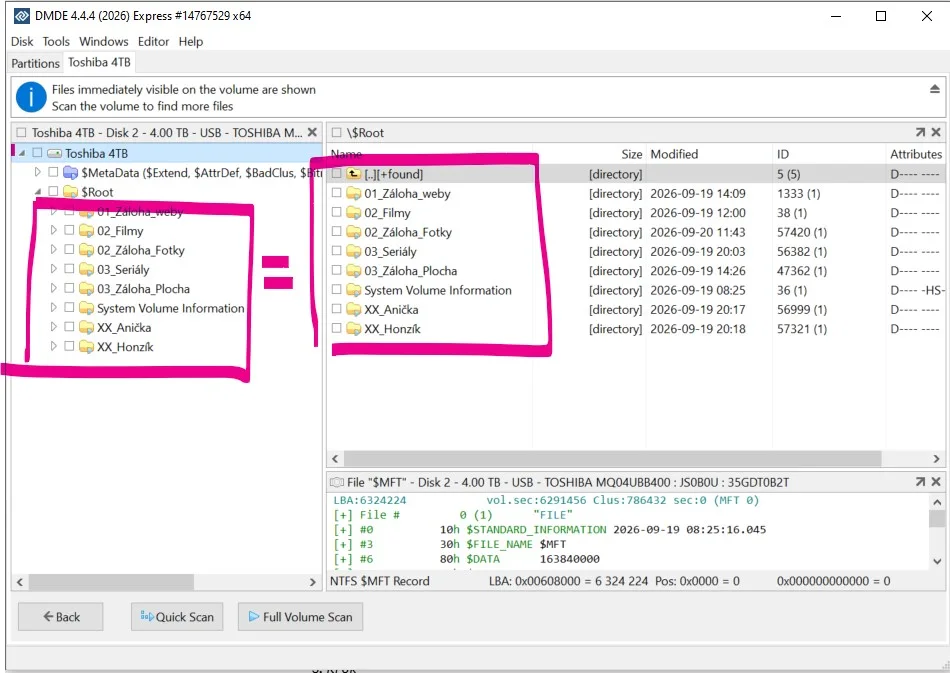 Printscreen software DMDE vhodný pro obnovu dat z vašeho disku - zde vidíte po levé i pravé straně složky vašeho disku, které můžete obnovit | Pro web: radyzezivota.cz | Pro článek: Nefunkční harddisk po zapojení do TV: Jak na opravu pomocí SW a Správce disků