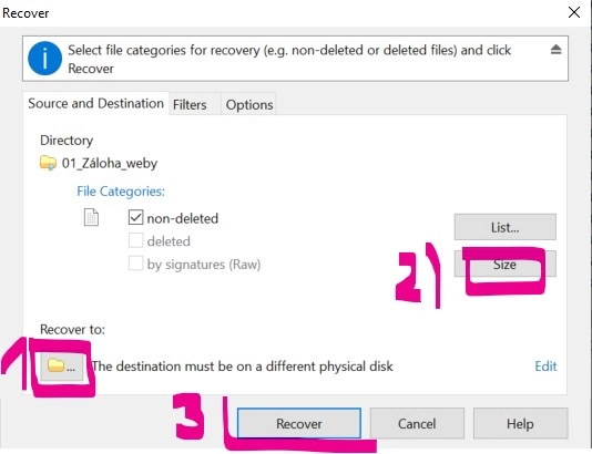 Printscreen - nastavení kam uložit obnovená data, zjištění jejich velikosti a odklepnutí jejich obnovy stistkuntím tlačítka "Restore" | Pro web: radyzezivota.cz | Pro článek: Nefunkční harddisk po zapojení do TV: Jak na opravu pomocí SW a Správce disků