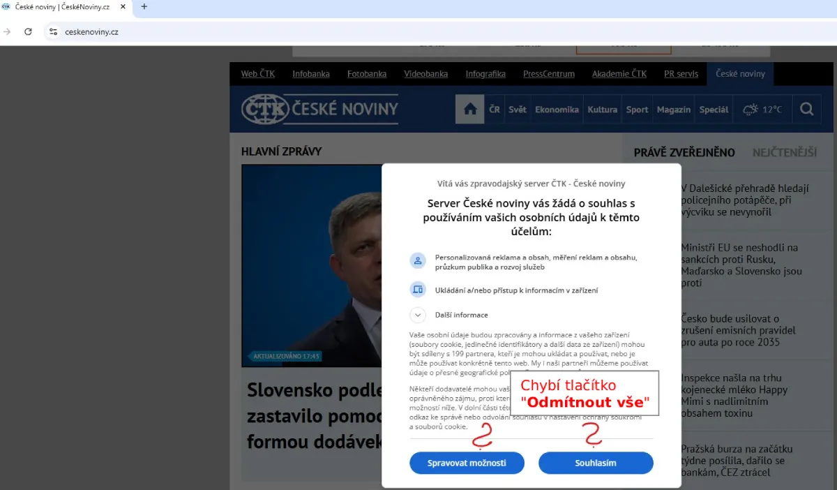 Cookie lišta běžného webu v ČR, který porušuje základní požadavky legislativy ČR pro GDPR - není zde tlačítko "Odmítnout vše", které by mělo být stejně viditelné (na stejné úrovni) jako tlačítko "Souhlasím" | Zdroj: printscreen z webu | Pro web: radyzezivota.cz (Rady ze života)