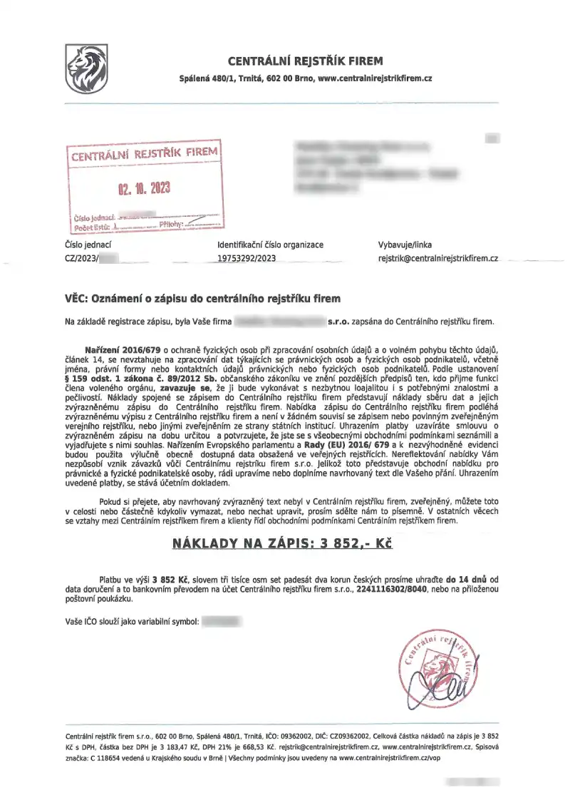 Průvodní dopis od podvodníků s centrálním rejstříkem firem nabádající občany ČR k tomu, aby zaplatili něco, co vůbec zaplatit nemusí (vypadající dokument jako by přišel od státní správy) a vypadající také tak, jako když jste někde zapomněli něco zaplatit | Pro článek: Podvodníci s centrálním rejstříkem firem | Pro web: radyzezivota (Rady ze života) - nižší kvalita