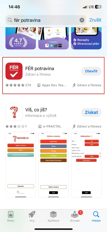 FÉR potravina na App Store - printscreen z mobilního zařízení s označením aplikace z výčtu při hledání na App Store | Nejlepší aplikace na české potraviny (produkty) - pro alergiky, bezlepkáře, bez vajíček, bez bílkovin, bez sacharidů, celiaky, pro všechno, kdo chtějí vědět, co je zdravé a co má jaké složení (bezpečné nebo škodlivé látky - ingredience) | Využijte tento úžasný nástroj v podobě aplikace FÉR potraviny a máte jistotu a nemusíte hledat v malých písmenkách