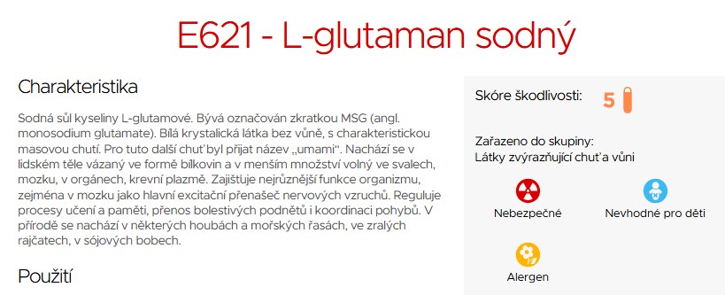 Printscreen z největší potravinové databáze ferpotravina.cz s glutaman sodny (E621) a o jeho bezpečnosti/skóre škodlivosti - nebezpečný, nevhodný pro děti, alergen - jeho charakteristika a použití a další informace