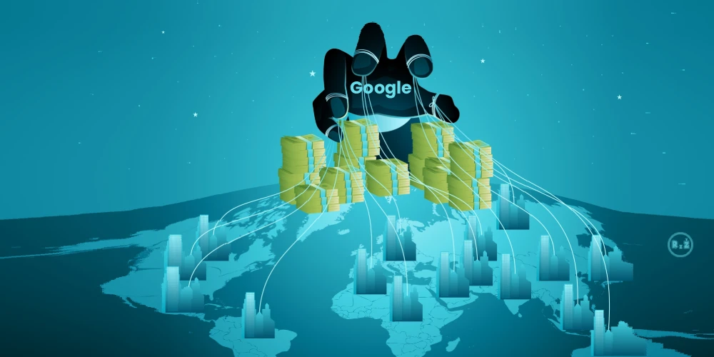 Tajemná ruka s popisem Google (světlým textem na tmavě symbolizované ruce Googlu) s hromadami peněz kontrolujícími globální bohatství manipulací zemí po celém světě. Symbolizuje finanční nadvládu, ekonomické manipulace a skrytou moc v globální ekonomice | Autor názoru i grafické úpravy: Jiří Samuel | Web: radyzezivota.cz | Zdroj: shutterstock.com | Pro článek: Google ovlivňuje internet ve svůj prospěch | Moc nad informací = moc nad reálným světem