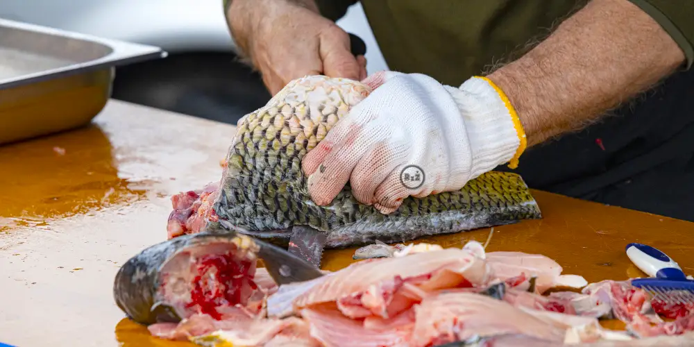 Mužské ruce s rukavicí a s delším nožem očišťující kapra - jeho vnitřnosti sundávajícího šupiny s odřízlou hlavou a zbytky z kapra po pravé straně filetující pomocník a po levé straně na dřevěném stole vanička na očištěného kapra | Pro web: radyzezivota.cz | Pro článek: Jak na vánočního kapra? | Zdroj: shutterstock.com