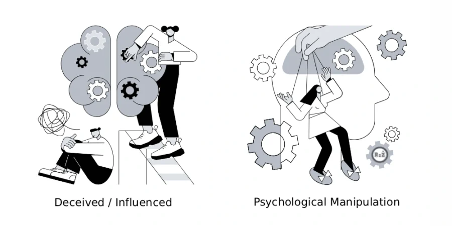 Kreslený obrázek zobrazující 2 situace, které nás ovlivňují - metaforicky černobíle zobrazující psychickou manipulaci a ovlivňování negativní | Pro článek: Jak nás velké firmy tahají za nos | Pro web: radyzezivota.cz | Zdroj: shutterstock.com