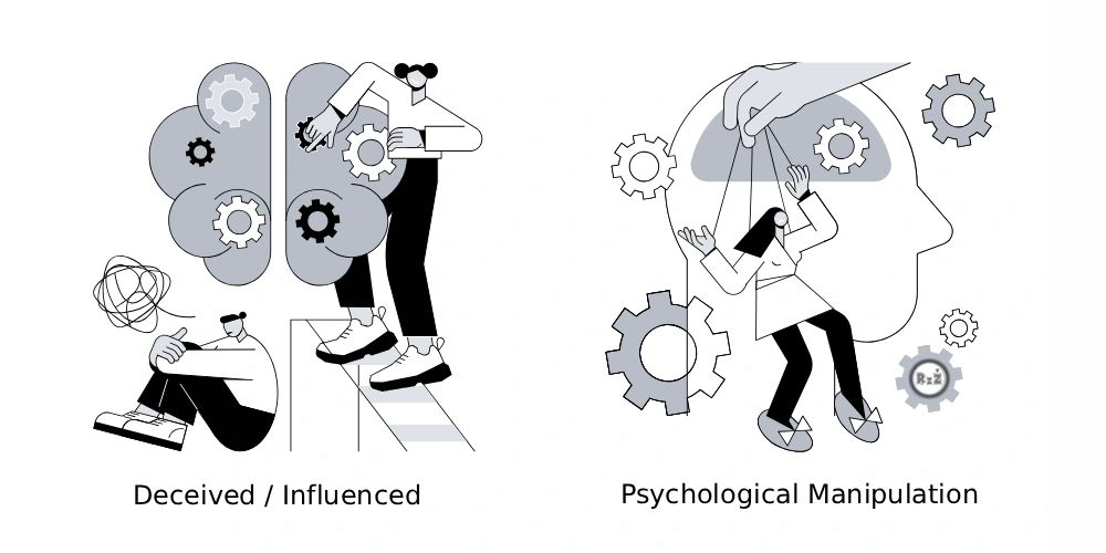 Kreslený obrázek zobrazující 2 situace, které nás ovlivňují - metaforicky černobíle zobrazující psychickou manipulaci a ovlivňování negativní | Pro článek: Jak nás velké firmy tahají za nos | Pro web: radyzezivota.cz | Zdroj: shutterstock.com