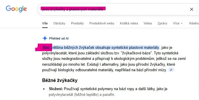 printscreen výsledku při hledání textu: "jsou žvýkačky z plastových materiálů" z google, pro web: radyzezivota.cz