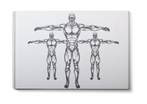 3 roboti namalovaný na skice papíru uprostřed největší a po stranách jeho menší replika na bílém pozadí pro článek - Umělá inteligence, pro web: radyzezivota.cz