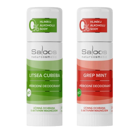 2 bio přírodní deodoranty od české značky Saloos naturcosmetic - zeleno-bílá a červeno-bílá lahvička na bílém pozadí | Nejlepší přírodní deodoranty na trhu | Pro web: radyzezivota.cz