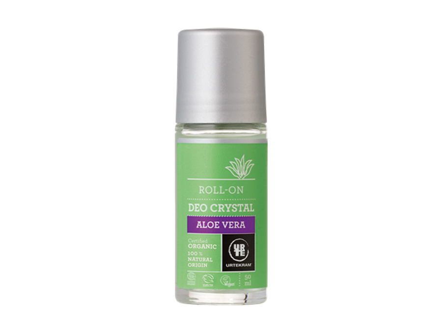 Přírodní tekutý deodorant značky Urtekram Aloe Vera v zeleno šedém obale s bílým pozadím