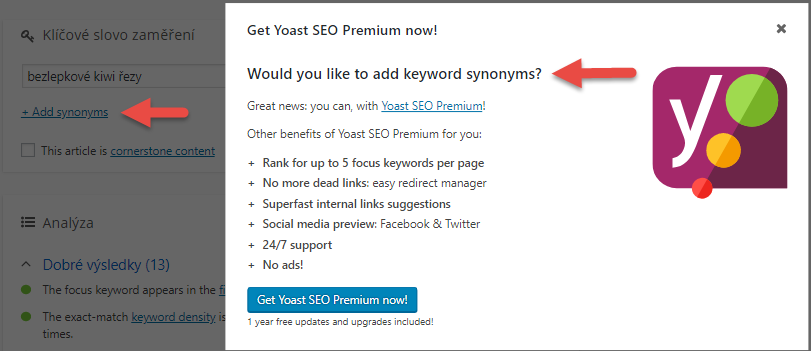 Plugin Yoast SEO | WordPress | Vlastní zkušeností v roce 2018 printscreen z WordPressu při nastavení článku "bezlepkové kiwi řezy" při nastavení pomocí Yoast SEO | Plugin Yoast SEO | WordPress | Vlastní zkušeností v roce 2018