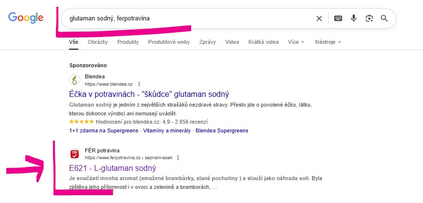 zadaný text v google řádku - glutaman sodný, ferpotravina a nalezená odkaz na ferpotravina.cz - printscreen z google (z windows)
