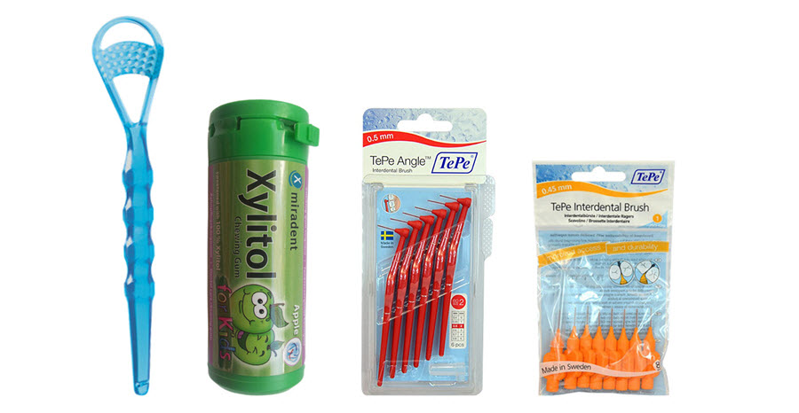 Čistič jazyka (škrabka) | Zdravé žvýkání (žvýkačky s xylitolem | Mezizubní kartáčky ve tvaru L a normal | Ústní hygiena | Zdraví